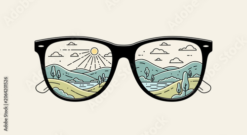 Photos Sunglasses reflecting a beautiful landscape with mountains, lake, and sun