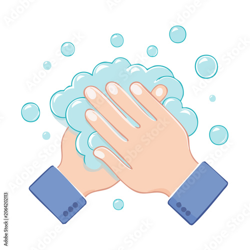 Illustration of hands washing with soap and bubbles