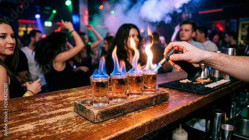 four flaming alcohol shots on bar counter