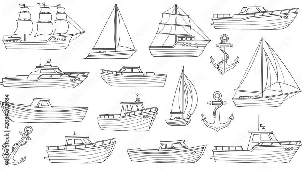 Αυτοκόλλητο Various 2D AutoCAD Vector illustrations of boats and anchors