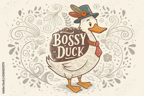 A vintage hand drawn of a bossy duck with a hat