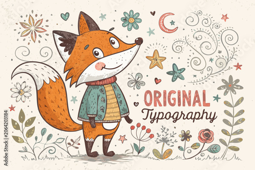 A cute fox wearing a sweater in a vintage hand drawn style