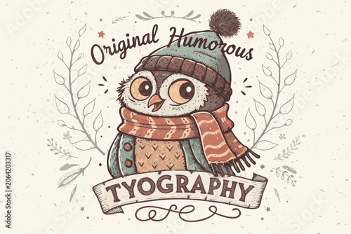 A vintage hand drawn featuring a winter owl