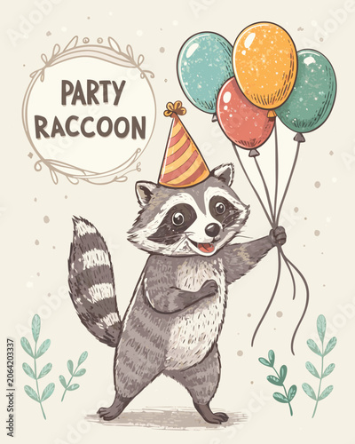 A hand drawn party raccoon wearing a hat and holding balloons