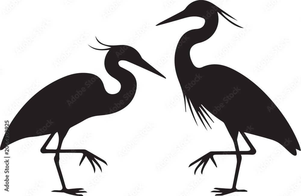 Fototapeta premium Black silhouette heron egret birds, facing each other, long legs, curved necks, pointed beaks, elegant posture, wildlife icons, nature vector illustration