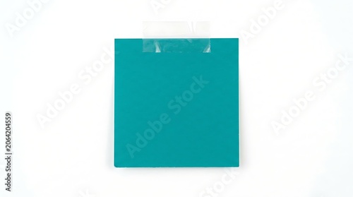 A simple turquoise card affixed to a wall with clear tape. The card is blank, ready for a message or note