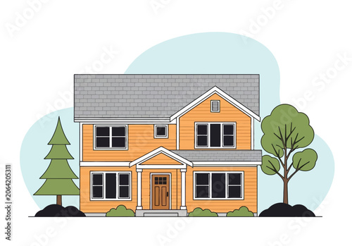 Classic suburban house with a gray roof and orange siding, featuring green trees and shrubs in a clear outdoor setting.