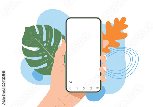 Human hand holding a modern smartphone with a blank white screen, surrounded by abstract natural elements on a light background.
