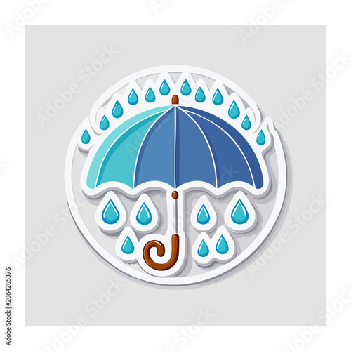 Flat design umbrella with raindrops in circular frame