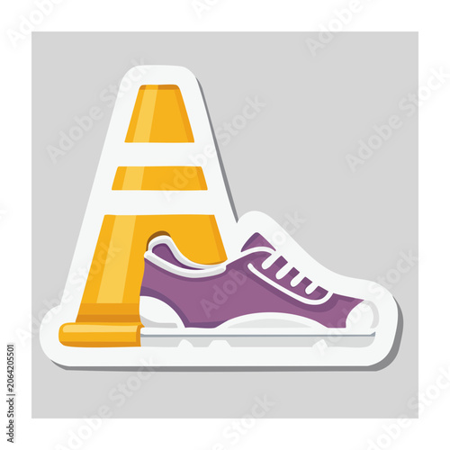 Purple sneaker and orange traffic cone flat illustration