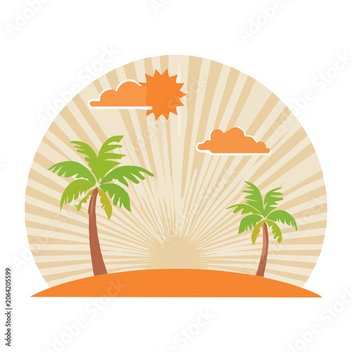 Tropical sunset with palm trees and sun rays illustration