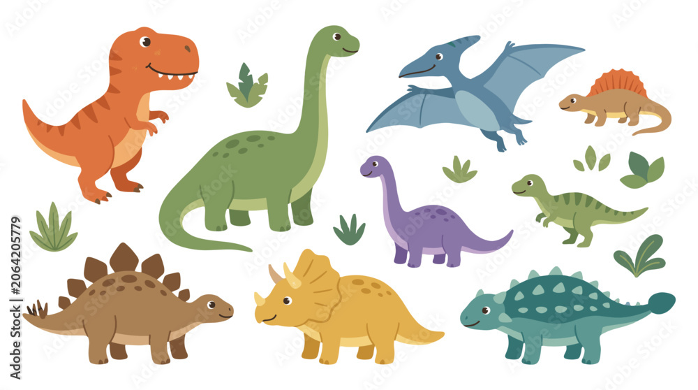 Obraz premium Cute cartoon dinosaur set with flying reptile and leaves