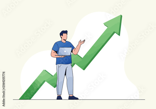 Man with laptop looking at growing green graph arrow, showing success and progress, business growth concept, positive financial trend.