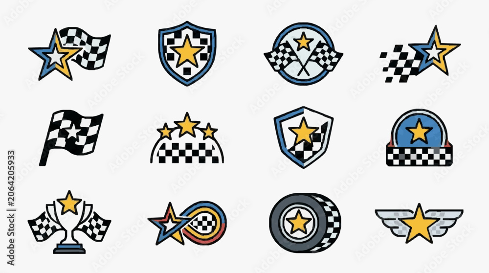 Naklejka premium Industrial Racing and Motorsport Achievements Iconic Badges and Emblems Collection with high professional line art symbols for modern creative design and digital branding projects