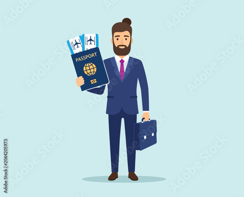 Businessman with passport and tickets ready for travel, holding briefcase, international business trip, airport departure, global mobility.
