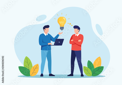 Two colleagues collaborating on project development while sharing innovative ideas with glowing lightbulb illustration standing in professional work space.