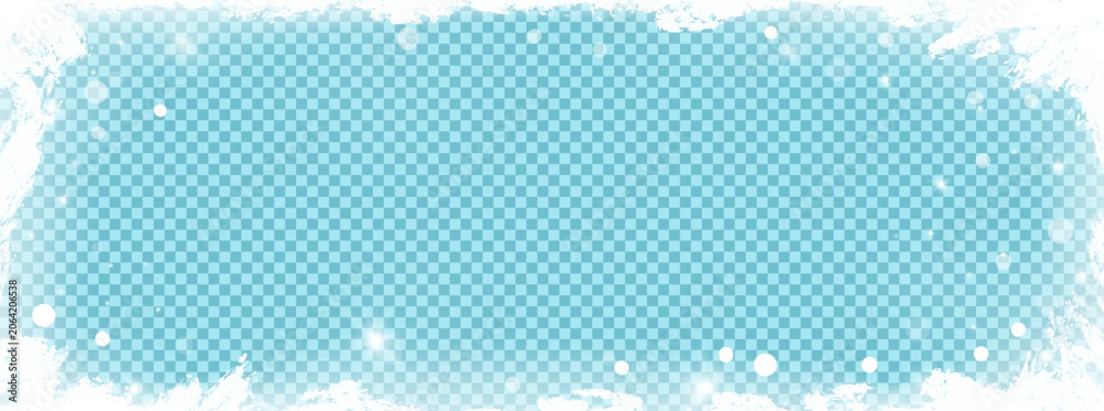 Fototapeta premium Soft frost frame with frozen ice and snow border. Cold crystal effect with spray texture and gentle shine on checkered background as png. Frosty clean vector frame overlay for Christmas promo card