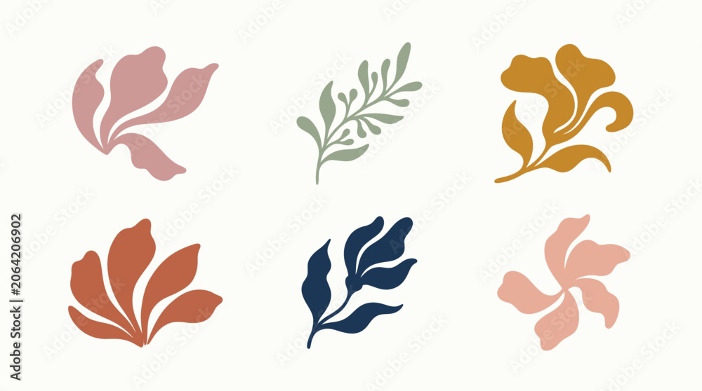 Obraz premium Organic hand-drawn flower silhouettes in muted terracotta and sage tones on textured background