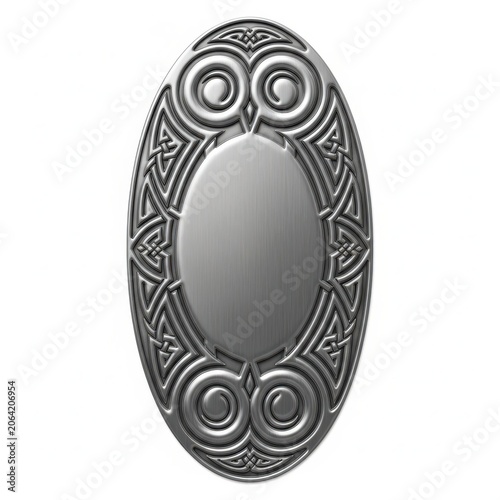 Oval silver metal frame with ornate celtic design