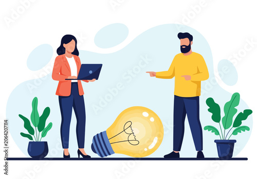 Business team collaborating on creative projects with giant light bulb representing innovative thinking and brainstorming sessions in modern office environment.