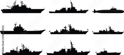 фотографія Collection of military warship and submarine silhouettes isolated on white backg