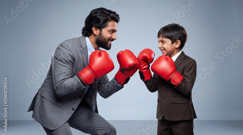 Indian Father And Son Wearing Boxing Gloves Symbolizing Healthy Competition And Confidence Building generative ai