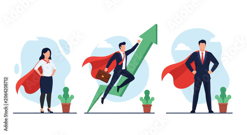 Business success concept with superhero team. professionals wearing capes achieve career growth and leadership excellence.