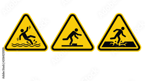 Three distinct yellow triangular warning signs featuring black pictograms depicting people slipping on wet floors tripping over small obstacles and falling through thin cracked fragile surfaces