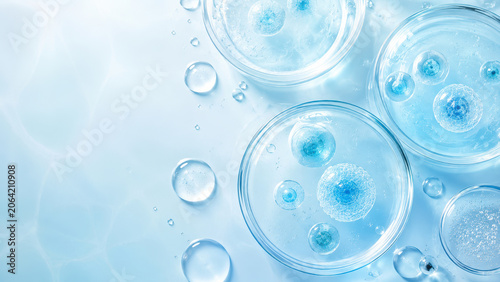 Cell Culture Samples in Petri Dishes on Blue Laboratory Background