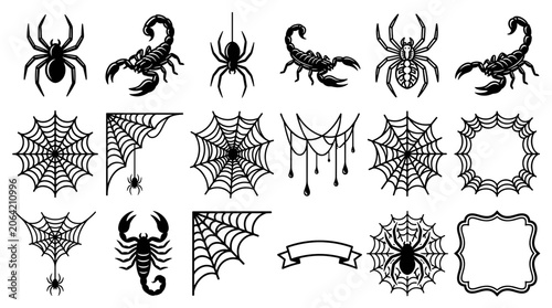Spiders scorpions and cobwebs icon set vector elements