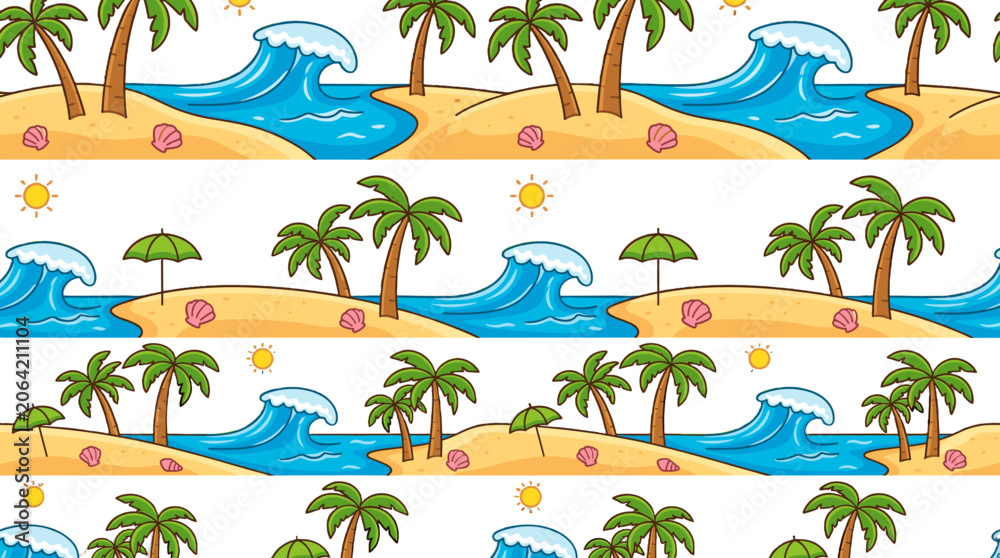 Obraz premium Seamless tropical beach pattern with palm trees and ocean waves