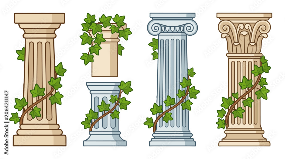 Fototapeta premium Set of classical columns with climbing ivy vector illustration