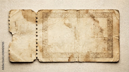 Vintage Aged Paper Ticket with Perforations and Ornate Border.