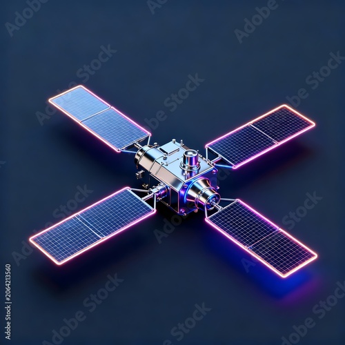 Futuristic Satellite Component Flat-Lay with Neon Accents