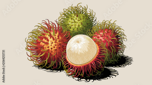 Bild auf Leinwand Vibrant illustration of several rambutan fruits, with one cut open to reveal its juicy white flesh and seed, showcasing their unique hairy red and green exteriors