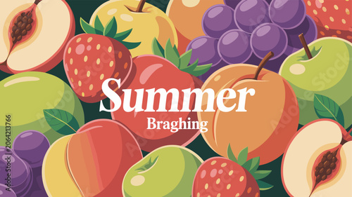 Fotografie A vibrant and colorful illustration featuring a variety of fresh summer fruits including strawberries, apples, peaches, and grapes, with 'Summer Bragging' text overlay