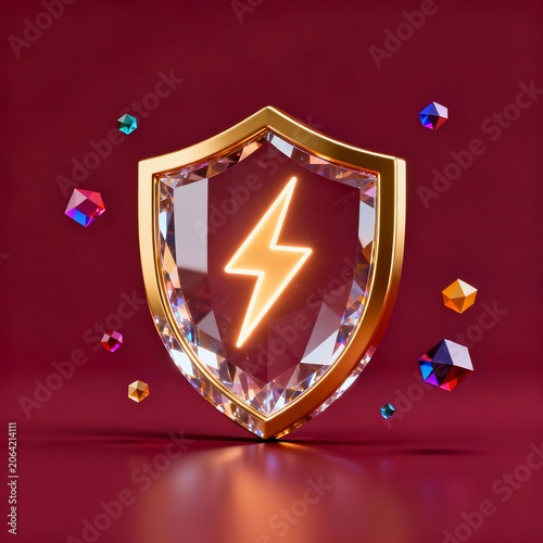 Burgundy Shield: Gold Crystal and Lightning 3D Emblem
