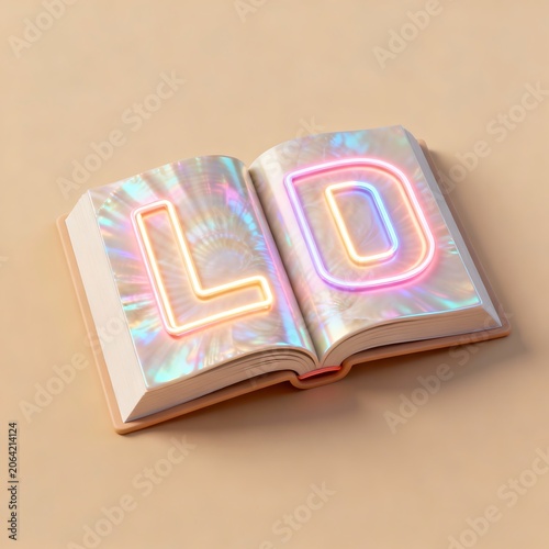 Holographic Open Book with Glowing Neon Typography