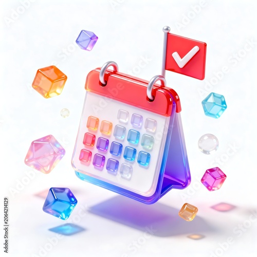 Stylized 3D Calendar with Checkmark Flag in Soft Studio Ligh