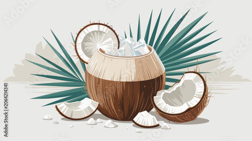 Obraz na płótnie Refreshing coconut drink served in a natural coconut shell with ice and palm leaves, surrounded by fresh coconut pieces