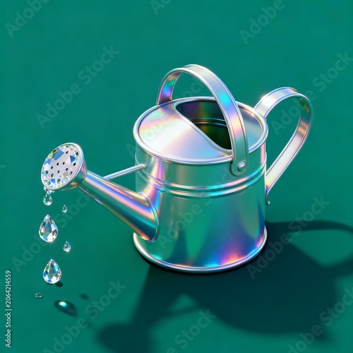 Holographic Watering Can with Crystal Droplets on Emerald Gr
