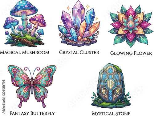 Cuadro en lienzo Fantasy Nature Elements Vector Bundle Featuring Magical Mushrooms Crystal Cluste