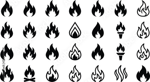 Photography Fire flame silhouette icons set vector with bonfire torch and heat symbols isola