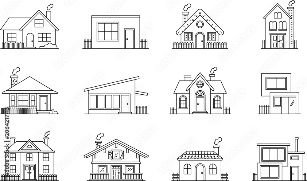 Fototapeta premium House and real estate icons collection vector modern building cottage suburban home architecture line art outline graphic design elements set