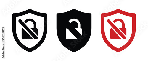 Shield vector icon set featuring unlocked padlock symbols