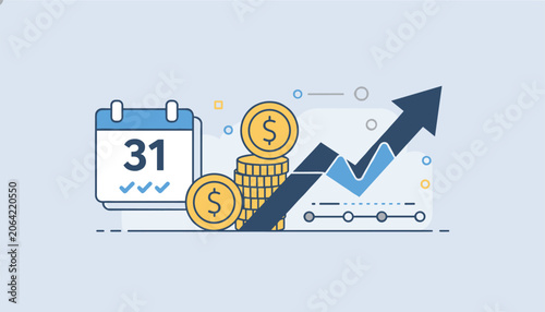 Financial planning chart showing monthly growth with an upward arrow, stack of gold coins, and calendar.