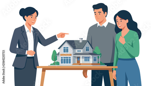 Real estate agent showing house model to young couple for buying property vector illustration