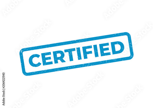 Blue rectangular rubber stamp with the word certified inside