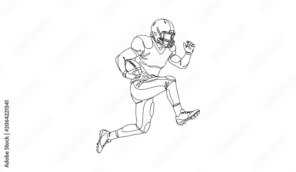 Fototapeta premium Continuous one line drawing of american football player running with ball. Minimalist sportsman in action vector illustration.
