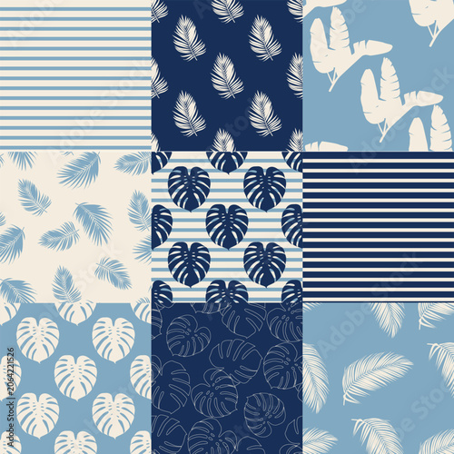 Tropical seamless pattern set with monstera leaves, palm leaves and striped backgrounds. Summer botanical collection for fabric, wallpaper, wrapping paper, packaging, textiles and surface design.